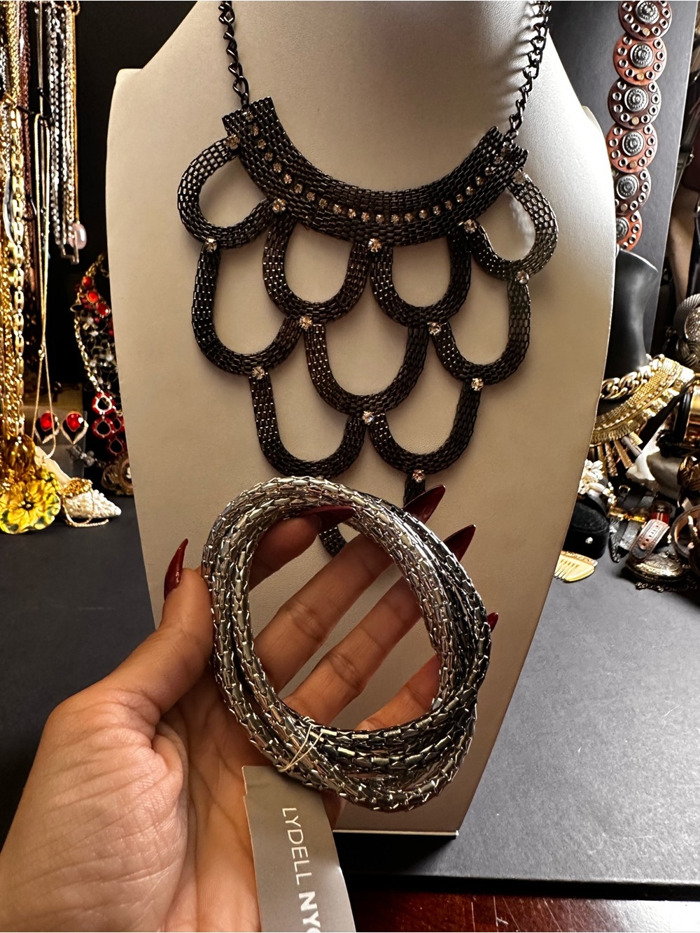 NWT Gunmetal chunky Statement Necklace and 5 pc bracelet Lydell NY 24”/Sz 8